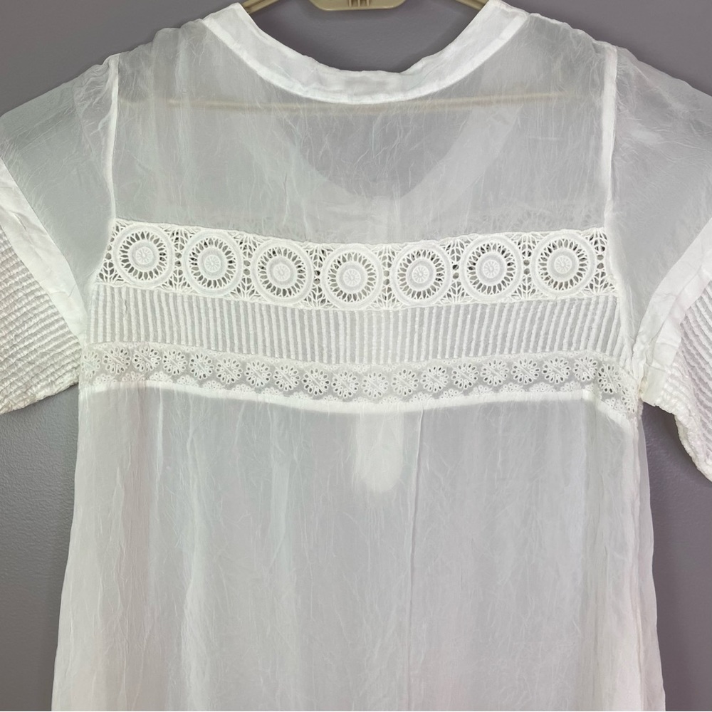 Johnny Was White Blouse Semi-Sheer Crochet Lace Short Sleeves Buttons Size Large - Picture 10 of 14
